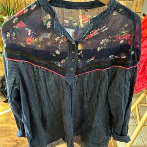 Free People Navy Floral Sheer Blouse